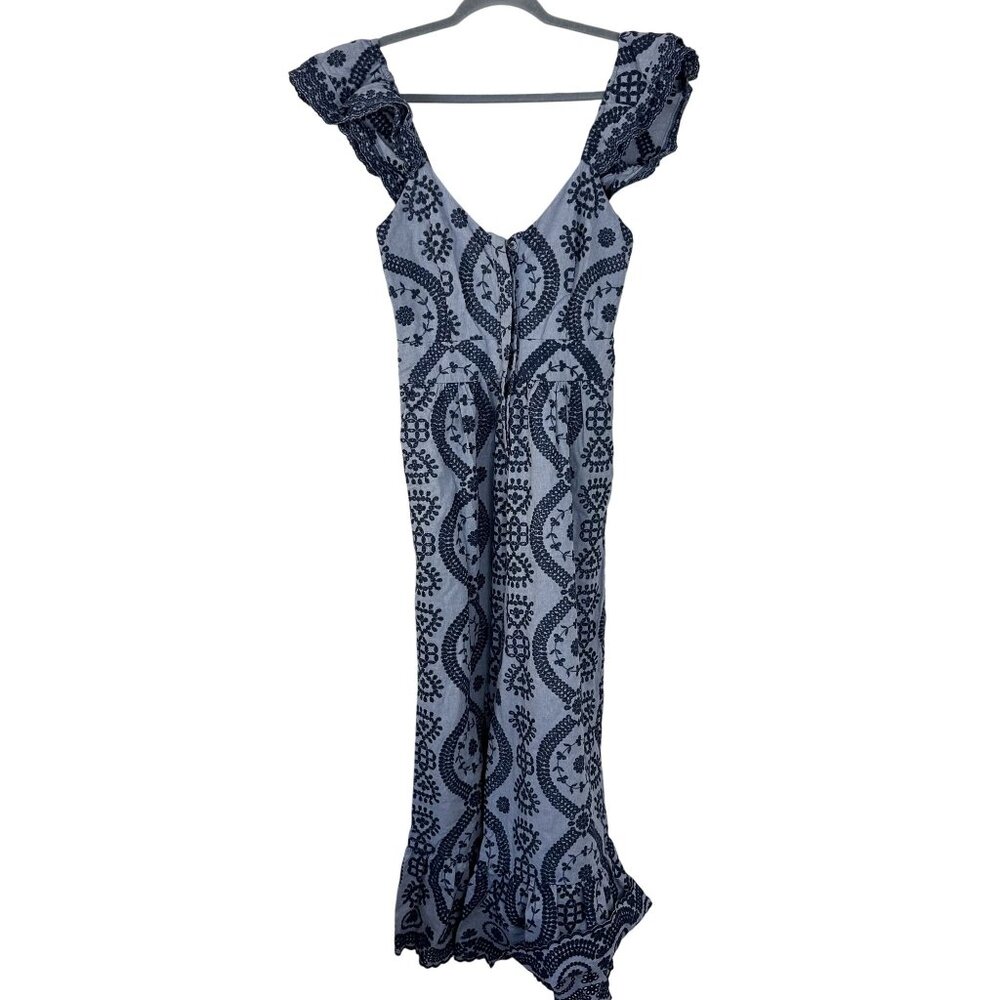 NWT LoveShackFancy Edeline Ruffle Hem Jumpsuit 0 Boho Blue Embroidered Western F
